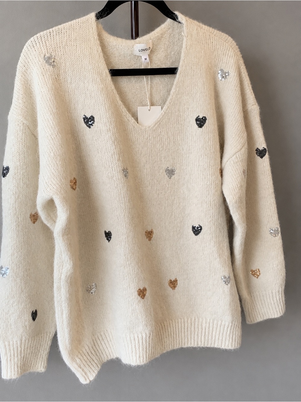LOVELO Cream Sequin Heart Sweater – Size Medium NWT